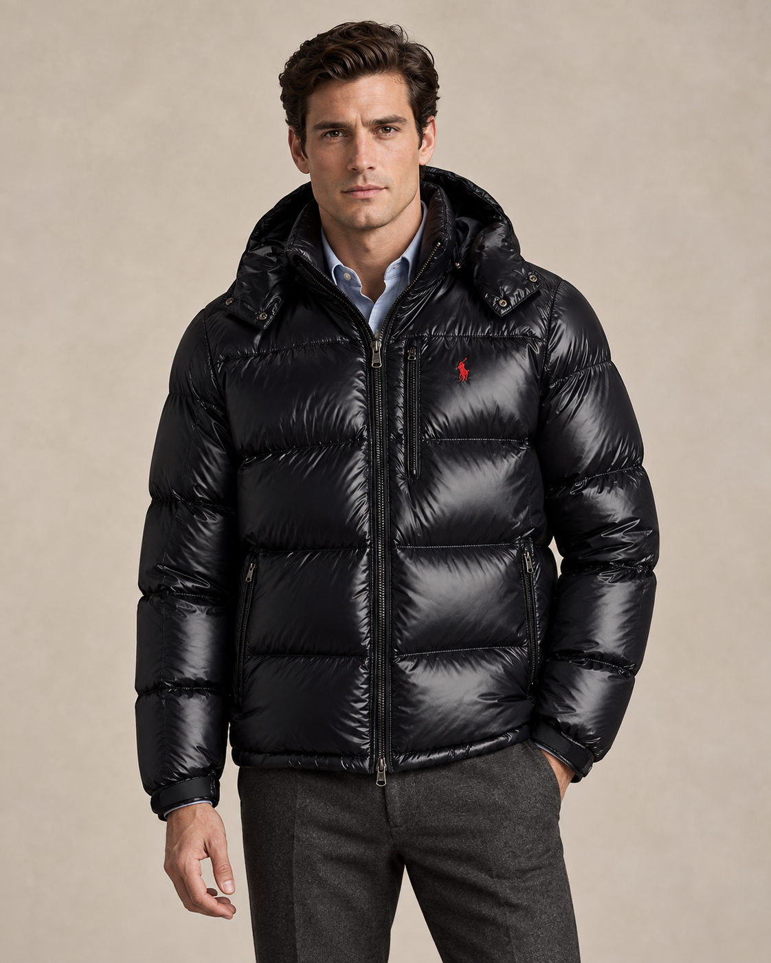 Lacquered-Shell Down Jacket — men's down jackets, back view